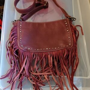 Fringe Leather Shoulder Bag Burgundy